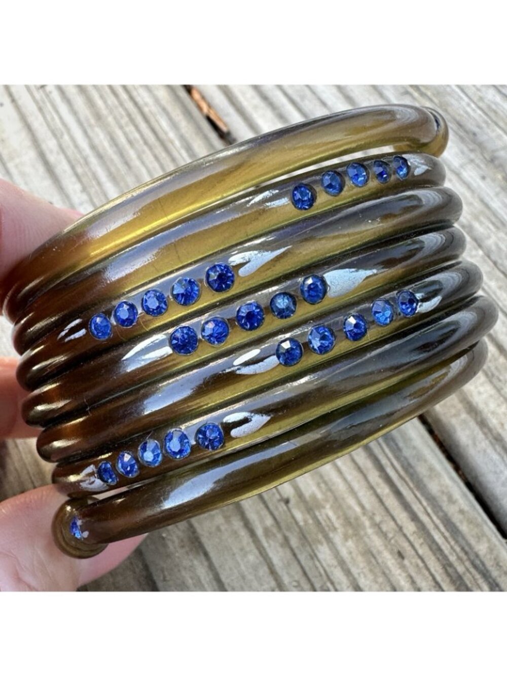 RARE Art Deco Clear Green Celluloid Rhinestone Coil Wrap Bangle Bracelet Snake
